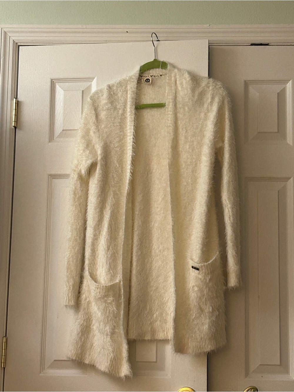 ROXY Women's Fuzzy Open Front Cardigan Sweater M/L Cream Eyelash Knit Pockets